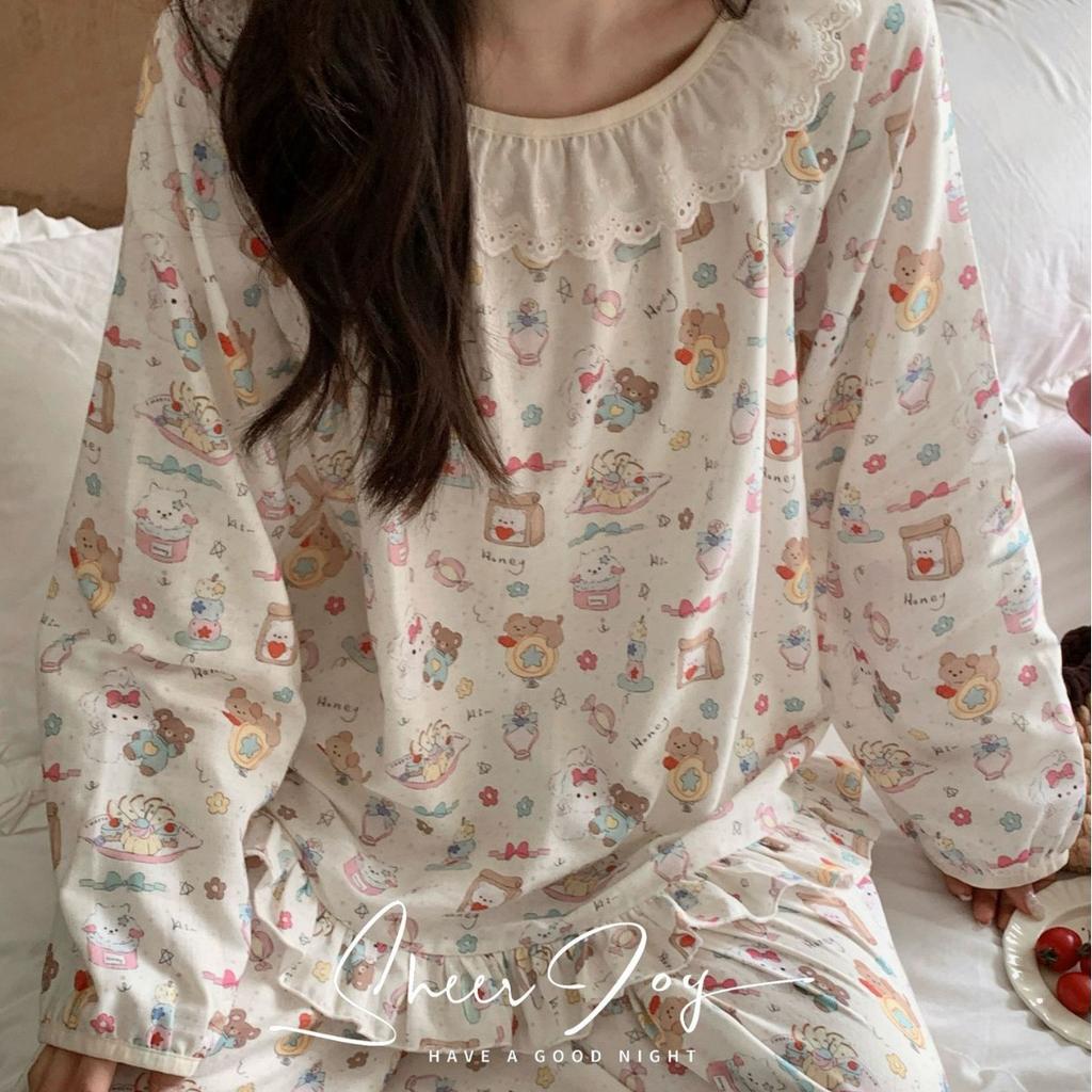 Autumn and winter new cotton double-layer yarn soft lace floral women's loungewear long-sleeved trousers star language star wish rice