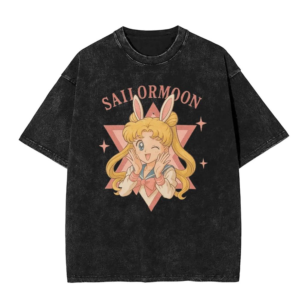 Sailor Moon "Usagi Tsukino Bunny Ears Vintage Wash" Anime Black Women And Men T-Shirt