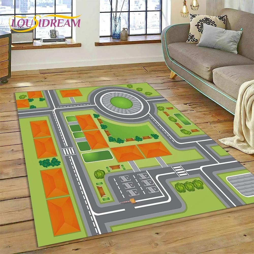 3D Highway Runway Playroom City Traffic Road Map Child PlayMat Rug Carpet for Living Room Bedroom Home Decor,Non-slip for Sofa