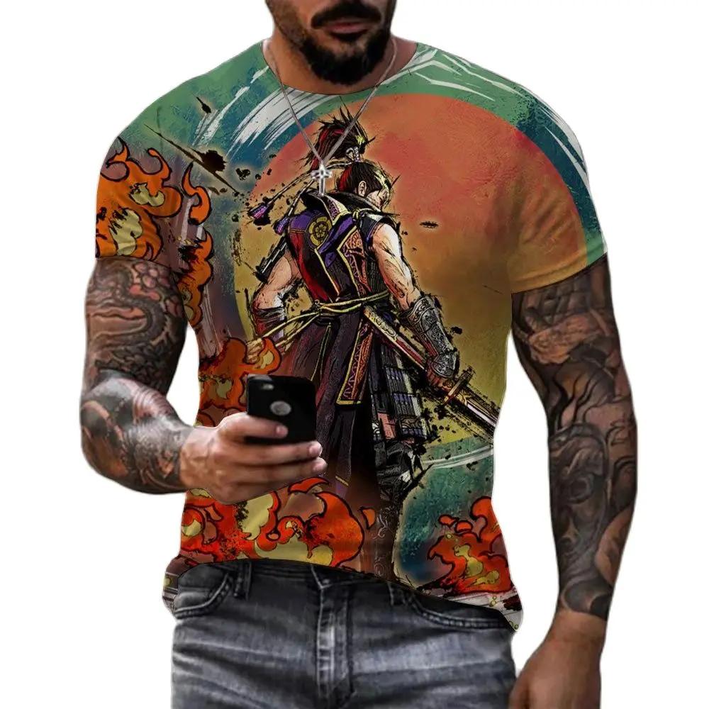 Summer Trend Retro Japanese Samurai Pattern T-shirt Personality Men's T-shirt Harajuku Round Neck Short Sleeve Top T-shirt