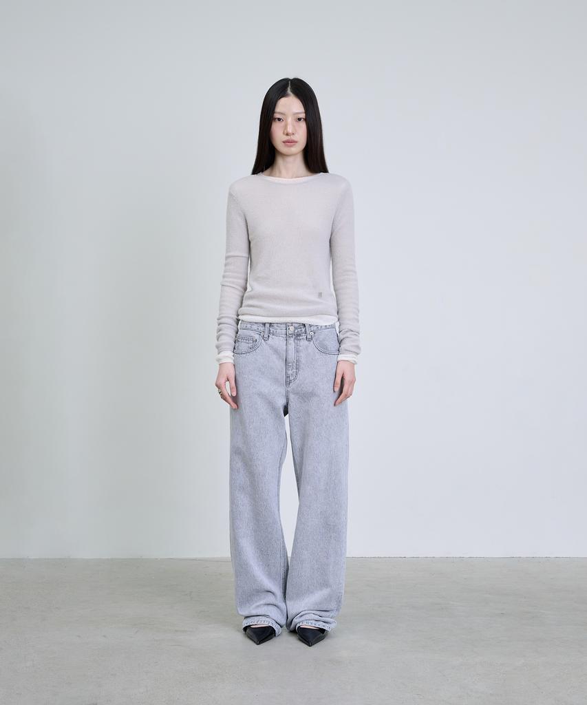 Deoaeteus Alpaca Wool Sheer Boatneck Pullover_Light Gray