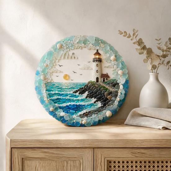 Textured Ocean Art for Home Lighthouse Sea Glass Wall Ornament, Hand Assembled Shells And Tumbled Entryway Seaside Focal Point Decor,