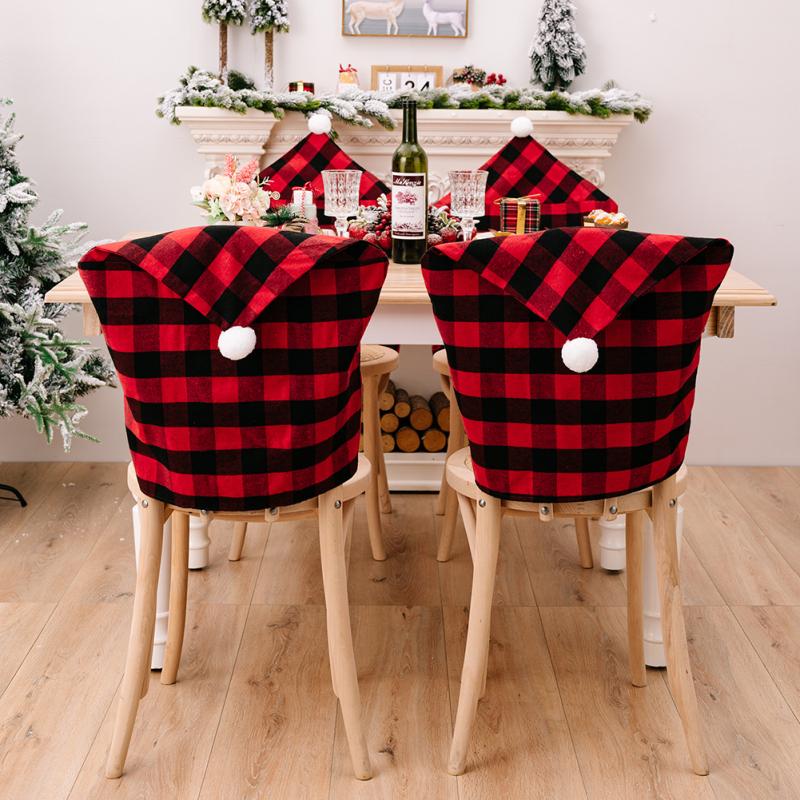 4 pezzi di coprisedie natalizie in plaid rosso nero con coprisedili per sedie in peluche bianco per Natale