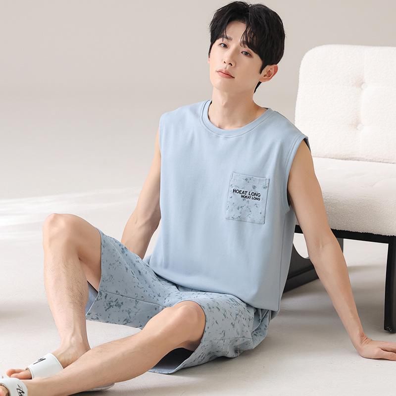 

Летние мужские тонкие жилеты без рукавов из чистого хлопка, шорты, пижамы для спорта и отдыха, можно носить вне домашнего костюма 3XL темно-синий