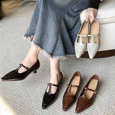 Pointed Hollow Thin Heel Mary Jane Shoes Spring and Autumn New Niche T-buckle with Shallow Mouth Single Shoes Women