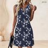 Damen Plus Size Marineblau Floral Gemustert Ärmellos Rundhals Schlüsselloch A-Linien-Kleid