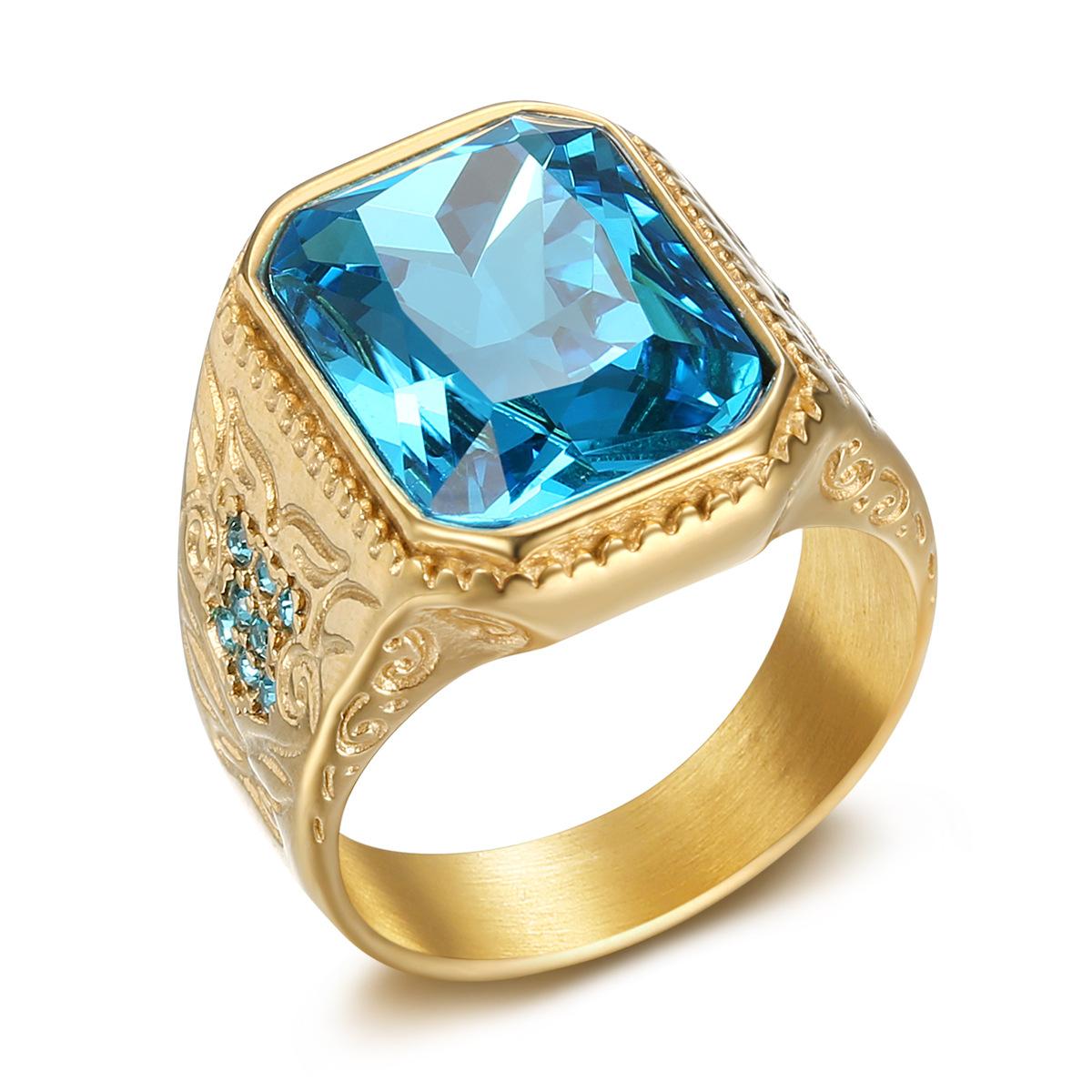 Горячая Распродажа Новое Хип-Хоп HIPHOP Кольцо Титановая Сталь Позолоченное Ледяно-Голубой Стеклянный Камень Мужское Кольцо 7No.