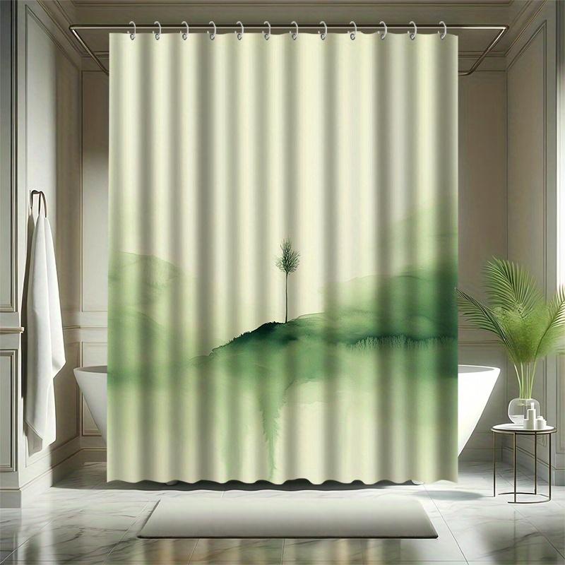 A Small Tree Shower Curtain Set, Green Ink Style, Full Of Vitality, 12 Hooks, Polyester, Bathtub Partition, Modern Bath Decor