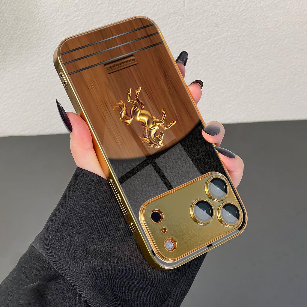Gold Horse Wood-grain Background Pattern Electroplated Glass Phone Case, Suitable for iPhone 17/16/15/14/13/12/11, Etc.