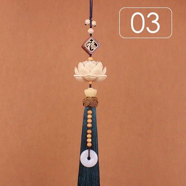 Chinese Style Lucky Fu Wooden Carved Lotus Buddha Statue Pendant Creative Gift Home Car Hanging Accessories Decor Auto Interior