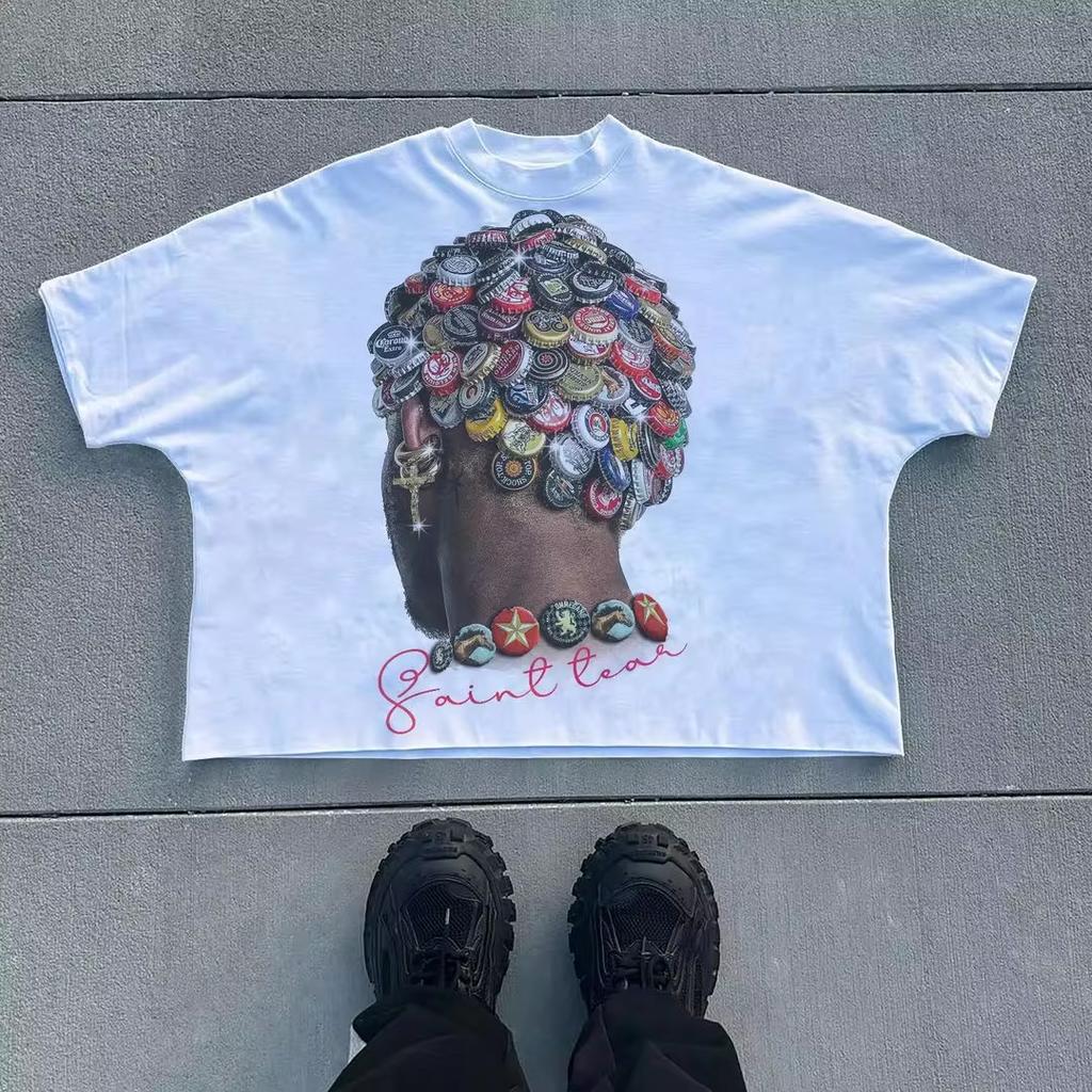 American Y2K Retro Spoof Oil Painting Print Old Vintage Short Sleeve Cotton T-shirt Men Women Ins Trend Brand Oversized Top Tee