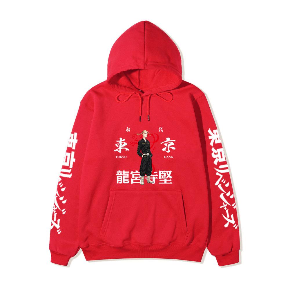 Tokyo Revengers Hoodie with Ryuguji Ken Print, Long Sleeve Pullover Sweatshirt, Anime Street Casual Unisex Sweatshirt with Japanese Text Sleeves