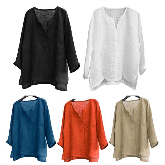 Men Casual Summer Solid Color Long Sleeve V Neck Slitting Hem Loose T-shirt Top