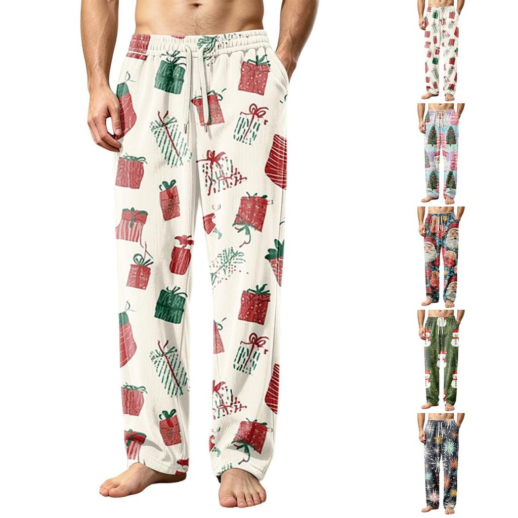 Men's Corduroy Print Pajama Pants with Pockets Casual Sleepwear Bottoms