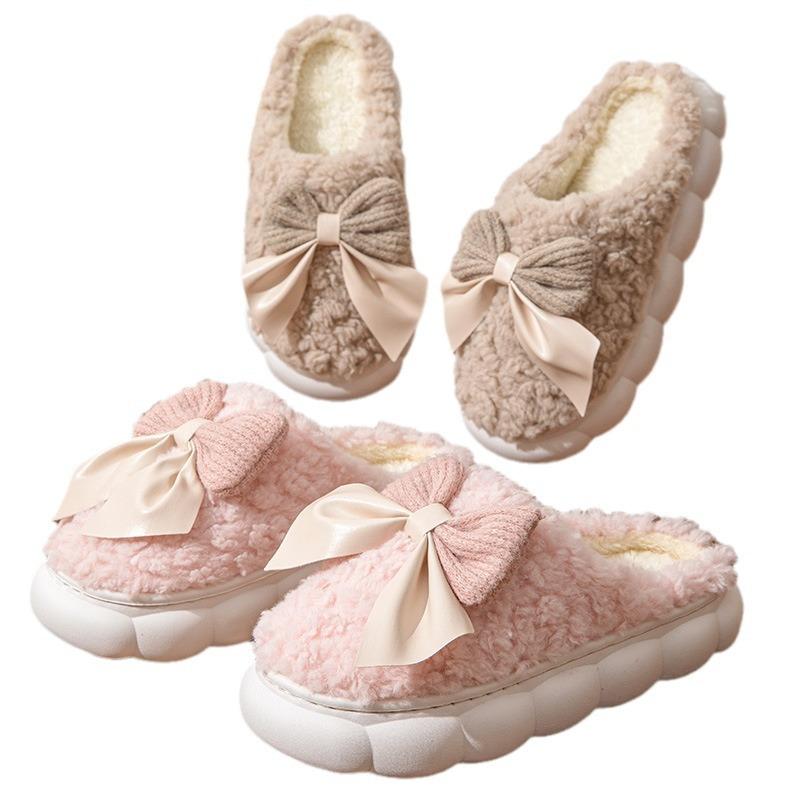 Bow Cotton Slippers Women's Winter Indoor Home Warmth Thick Bottom Non-slip Fluffy Slippers Women's Outer Wear Winter