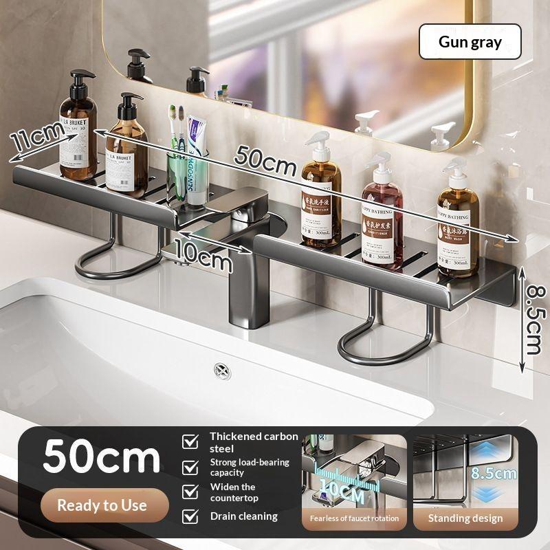No Drill Carbon Steel Sink Organizer, Wall Mounted Faucet Shelf With Drainage, Bathroom Vanity Countertop Storage Rack For So