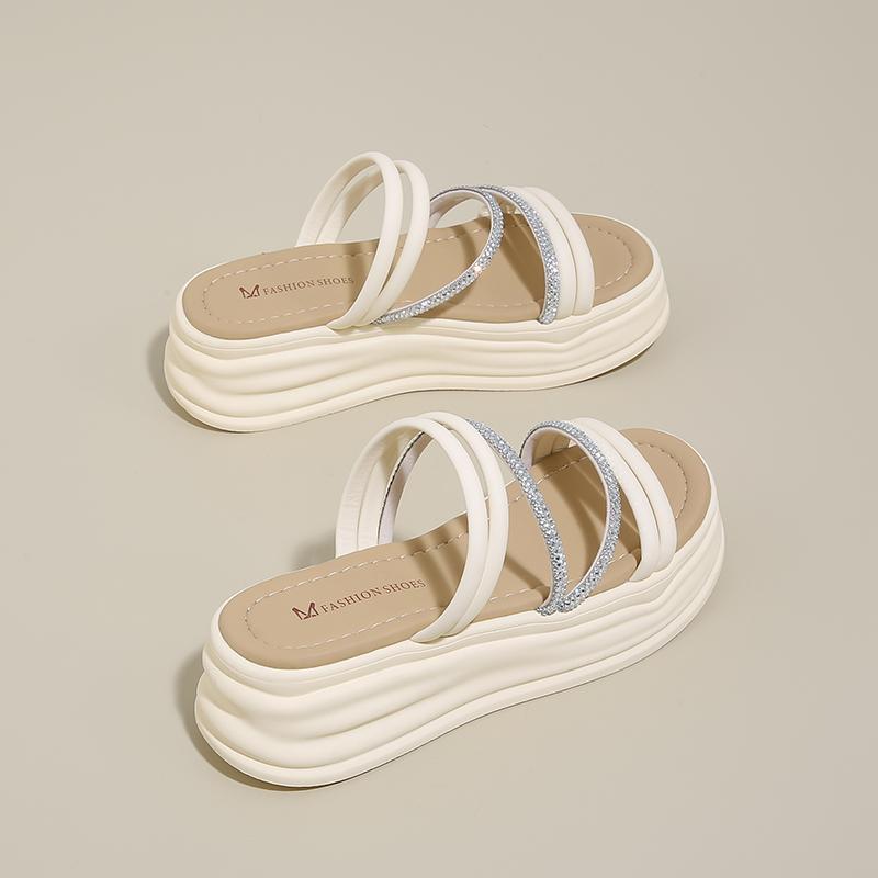 Fashion CRLAYDK Womens Platform Sandals Rhinestone Summer Leather Casual Slides Rhinestone Strappy Slip On Beach Ladies Walking Slippers