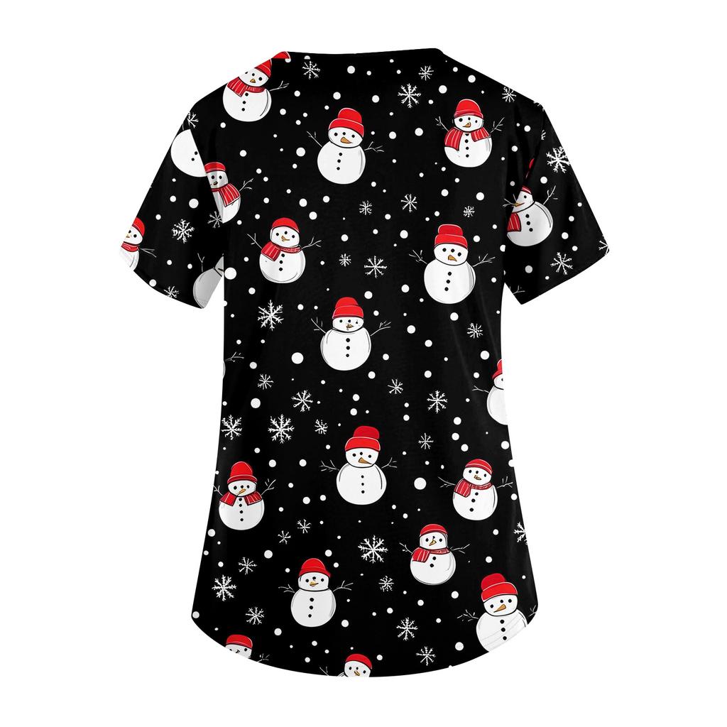 Modna damska odzież robocza z krótkim rękawem i dekoltem w kształcie litery V, z kieszeniami Topy z nadrukiem świątecznym