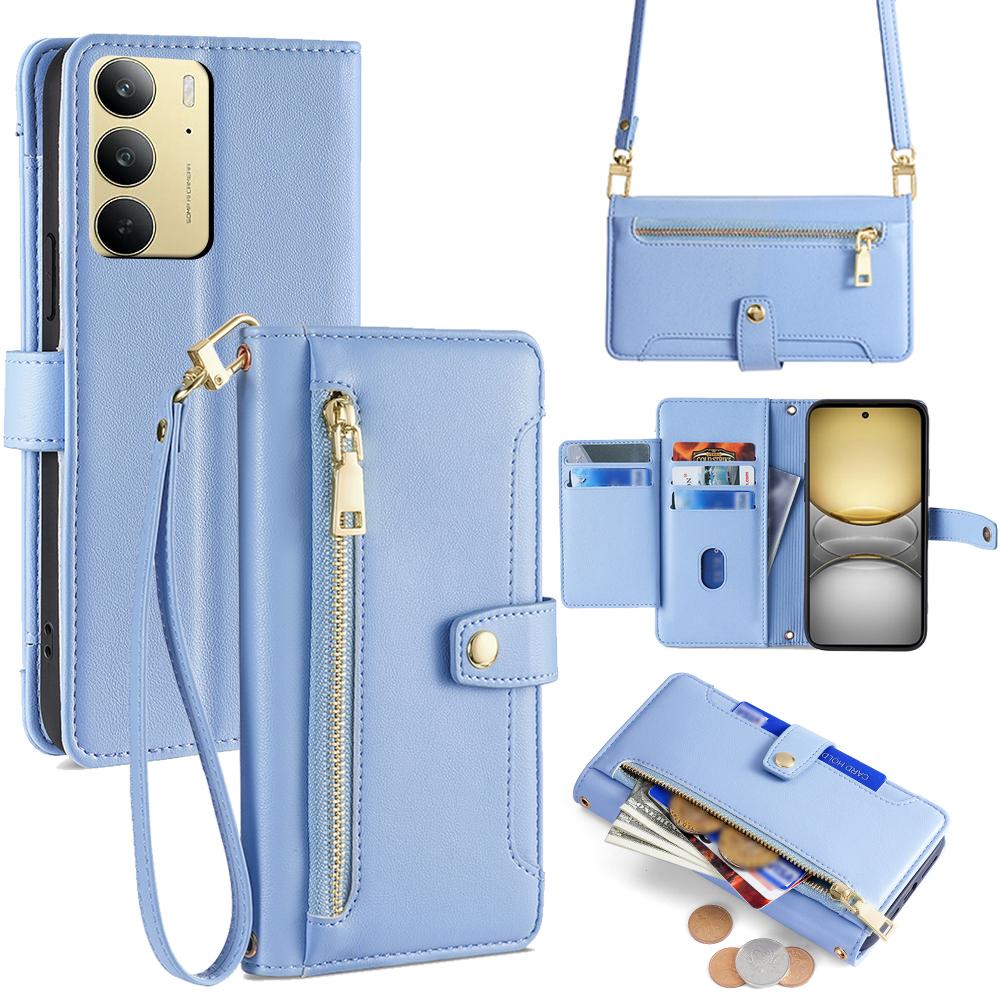 For Realme C75/14x 5G Case Zipper Pocket Wallet Leather Phone Cover with 2 Straps