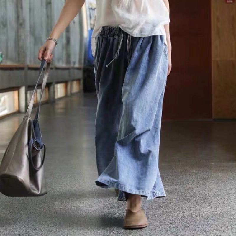 Vintage Washed Distressed Women Jeans Elastic Waist Lace-up Wide Leg Slimming Seven Point Skirt Pants Loose Casual Pants  Female Trousers