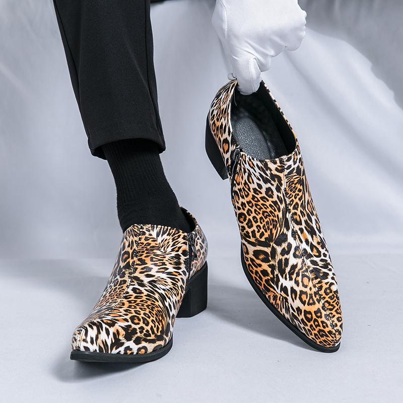 Luxury New Designer Men's Pointed Leopard Height Increasing Shoes Male Casual Loafers Wedding Formal Dress Footwear Zapatillas