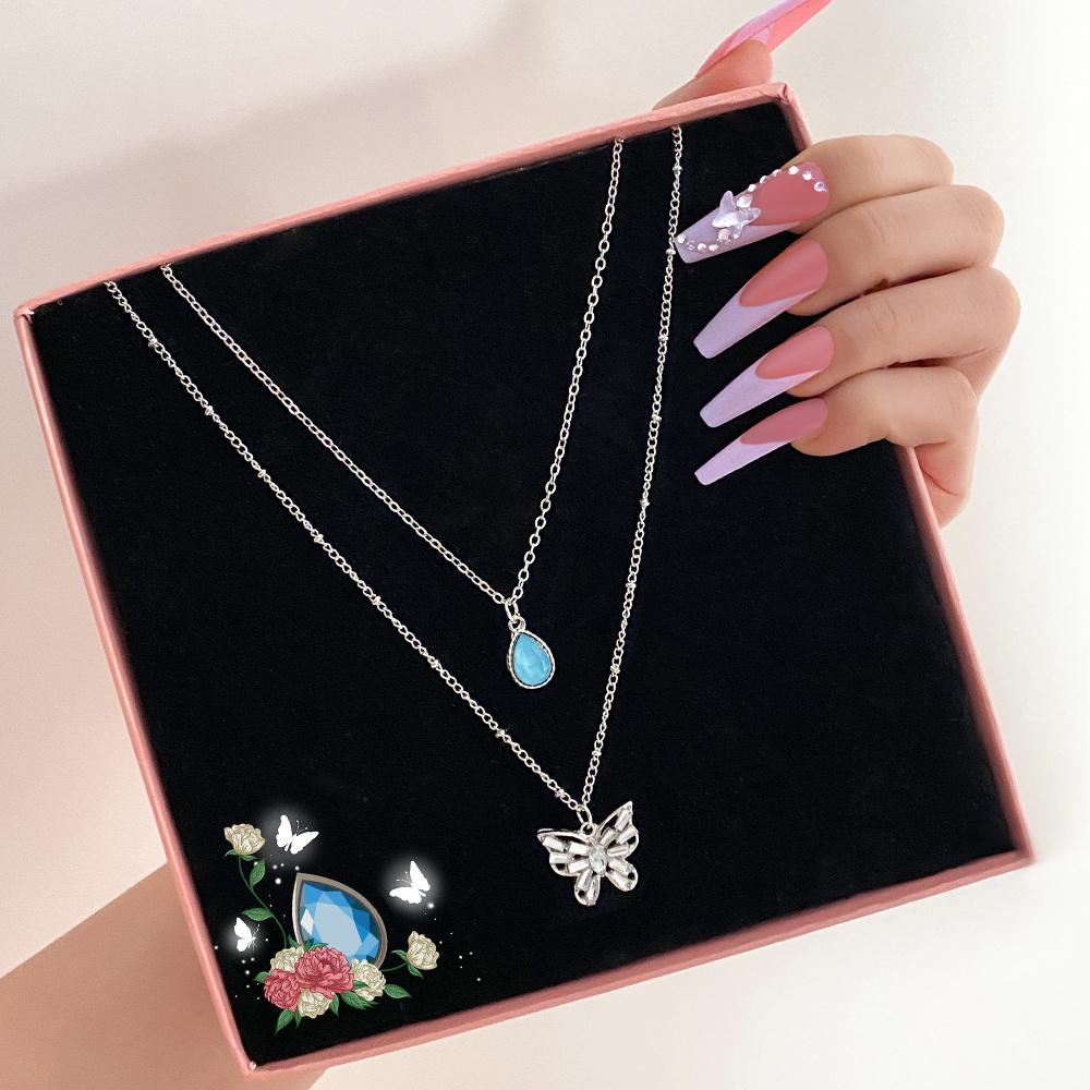 Silver Color Shining Crystal Butterfly Pendant Necklaces Double Layer Pendant Clavicle Choker For Women Jewelry Gifts