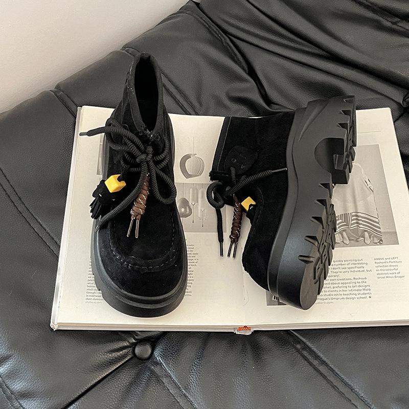 Retro lace-up tassel big head casual board shoes women's autumn fashion Korean version of versatile temperament platform loafers single shoes