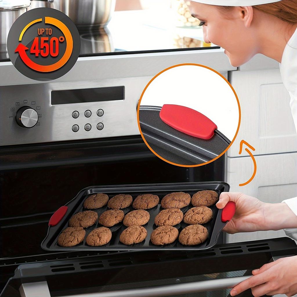 3-Piece Carbon Steel Baking Pan Set - Non-Stick Kitchen Oven Trays with Red Silicone Handles, Commercial-Grade Metal Bakeware
