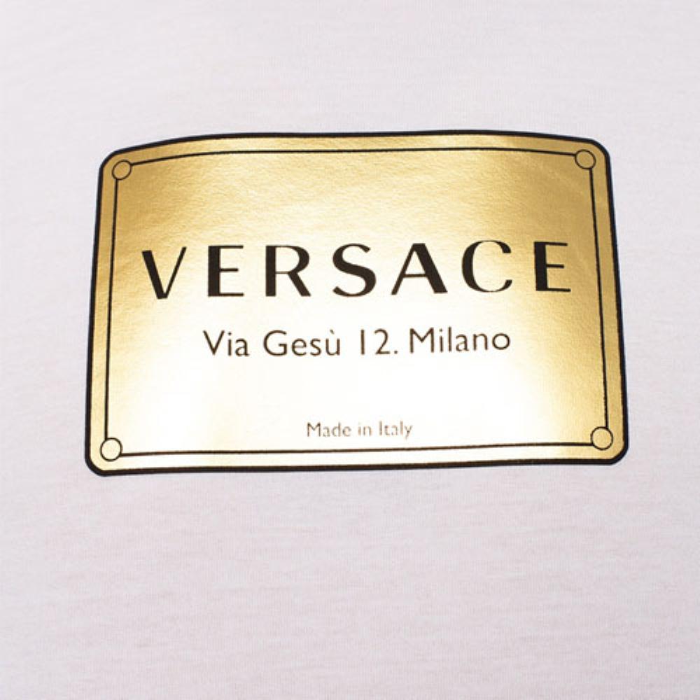 Versace Gold Logo Plaque Printed Short Sleeve T-Shirt Men Tops White A87387-A228806-A1001