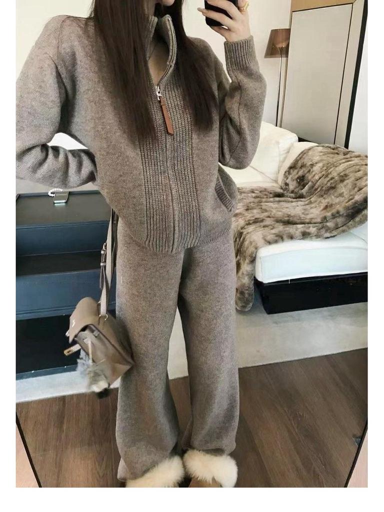 7766 Cozy Sweater & Long Pants Set - Versatile Zipper Cardigan for Autumn/Winter