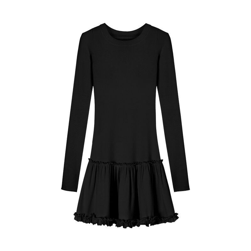 

Kumikumi Age-Reducing Wooden Ear Shoulder Long sleeve dress Women Autumn Niche Chic Slim fit Slimming A- line Skirt Black M