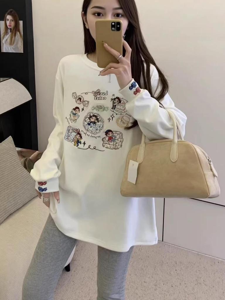 Thickened Brushed Long Sleeve White T-Shirt with Cartoon Embroidery, Autumn/Winter Korean Casual Style