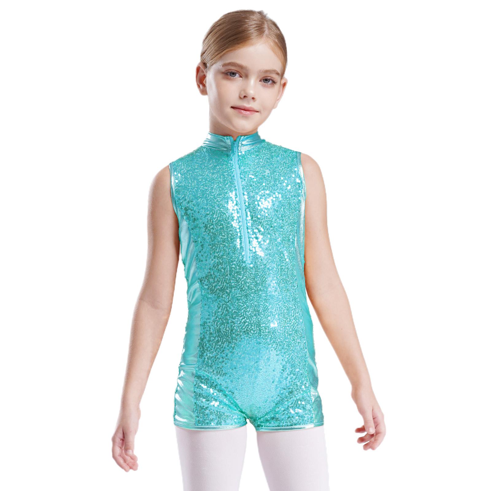 

Дитячий гімнастичний купальник зі стійкою, блискавкою спереду, без рукавів, з блискучими паєтками, клаптиковим дизайном для змагань 5-6 Years світло-синій колір