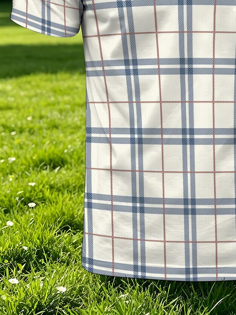 Men's Outdoor Polo Shirt, Available in Multiple Sizes, Men's Short-Sleeve Polo, Vintage Plaid Print, White Turn- Collar, Men's Top, Suitable for
