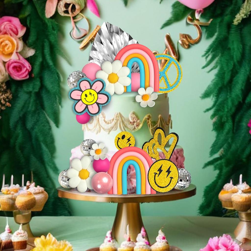 25 PCS Groovy Cake Topper Boho Rainbow Hippie Cake Decoration with Disco Balls and Daisy Flowers for Groovy Theme Birthday Party Supplies