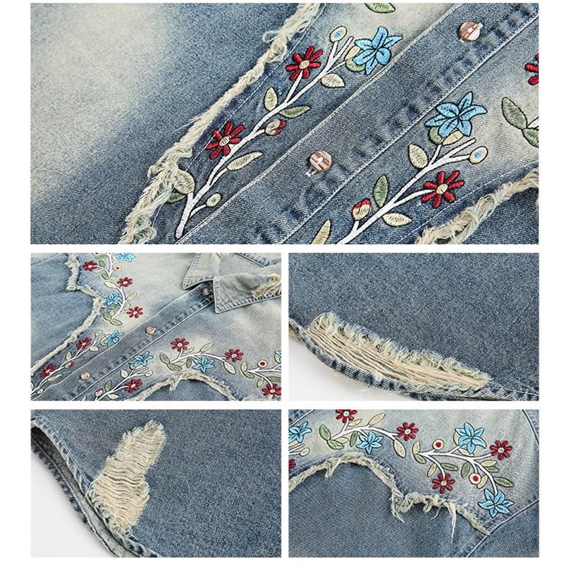 Übergroße Denim-Vintage-Stickerei-Blumenhemden und -blusen mit kurzen Ärmeln für Bluse. Lässige lockere Sommeroberteile für Damen mit Knopfleiste.