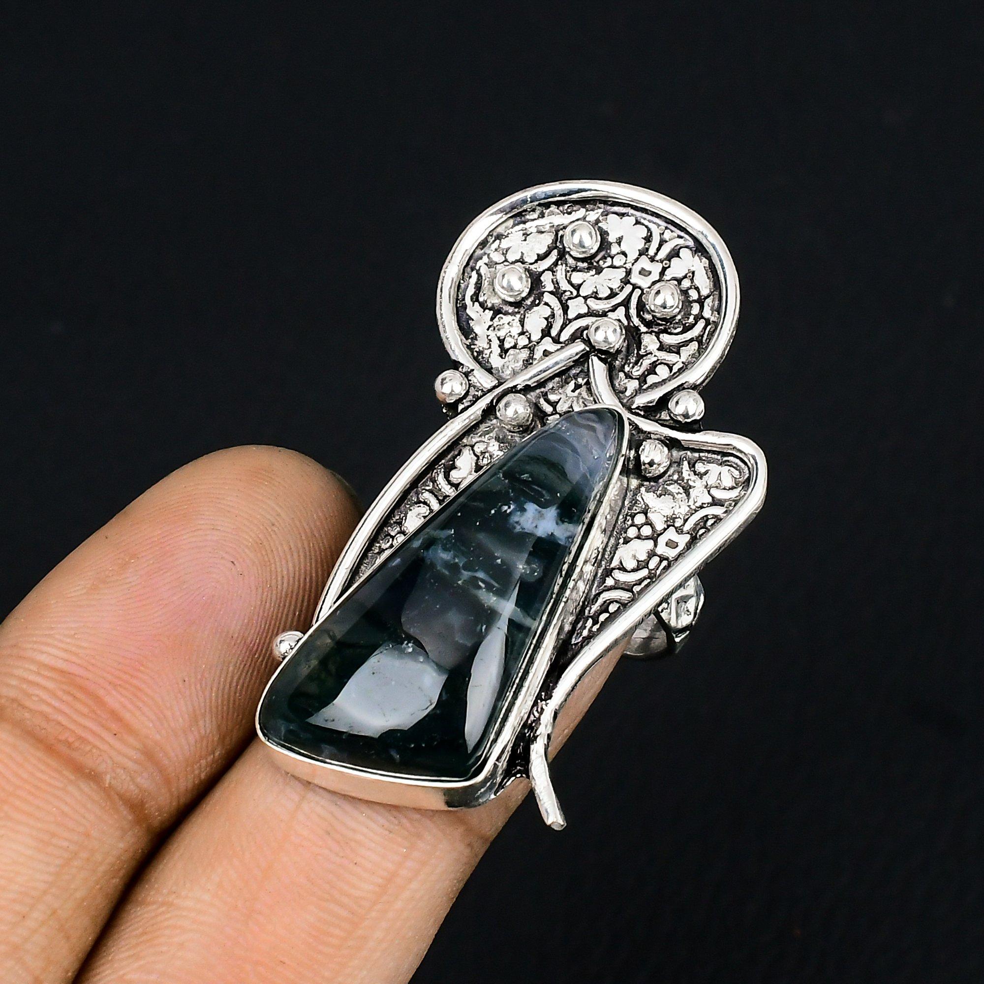 

Daughters Day Deal 925 Sterling Silver Solar Moss Agate Gemstone Ring Size 6.5 6.5