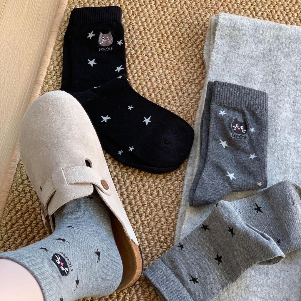 Versatile Grey Cartoon Cat Embroidery Mid-calf Socks: Breathable & Seamless for Autumn/Winter