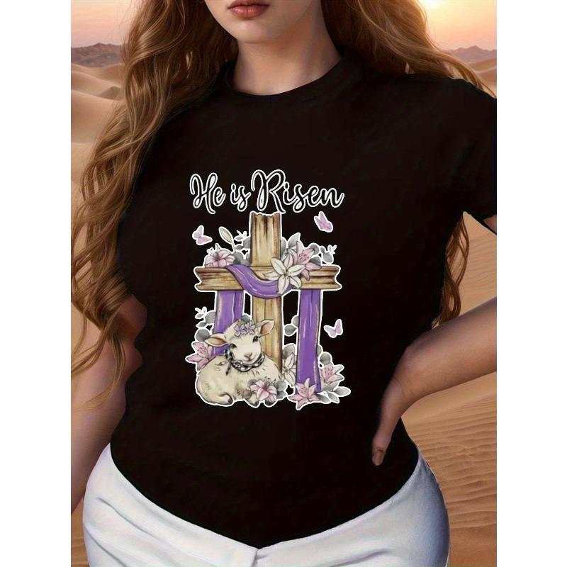 

Women Plus Size Christian Cross Lamb Floral Print T-Shirt White Purple Easter Church All-Season Faith-Inspired Soft Top 4XL чорний