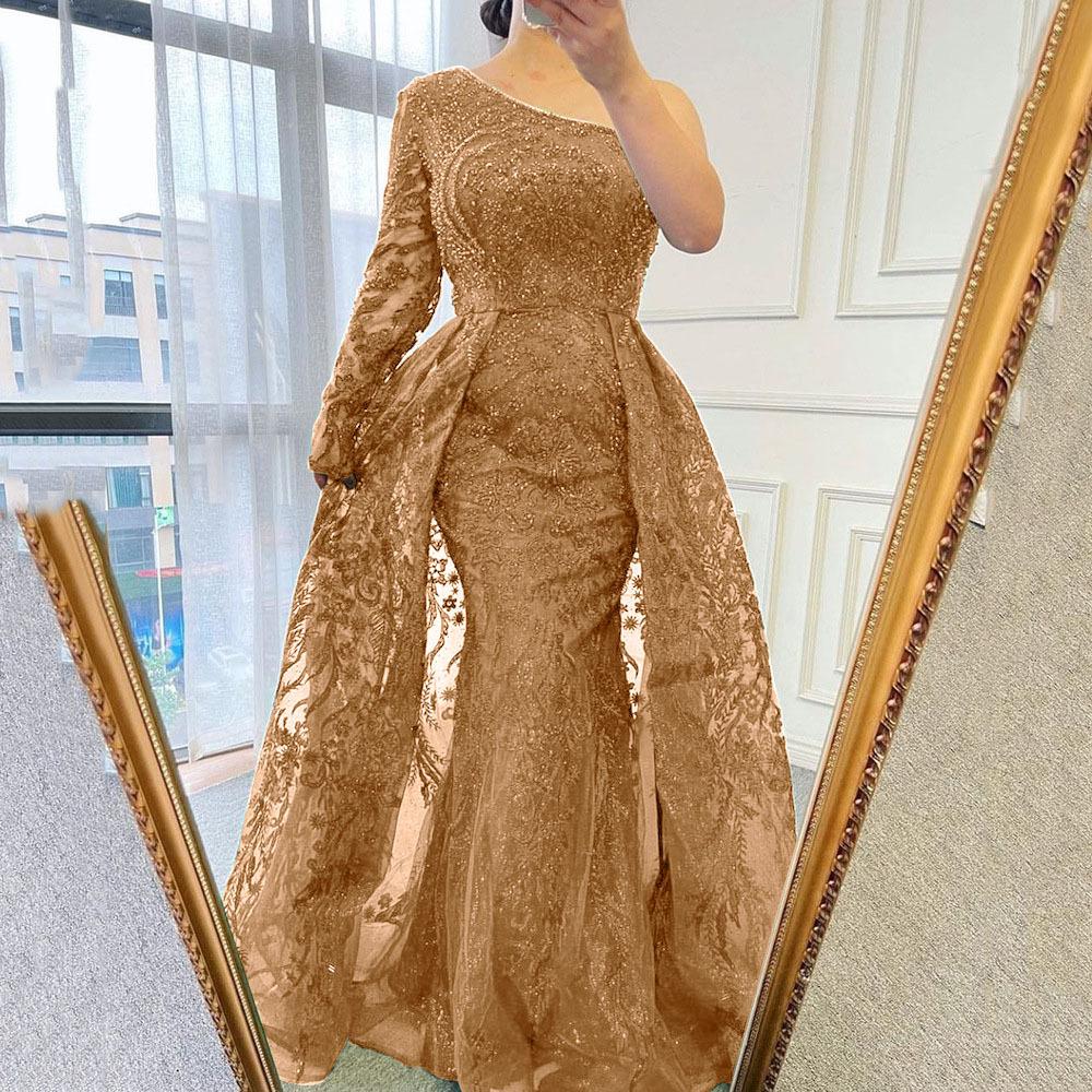

Летнее женское облегающее платье-рыбий хвост юбка сетка бисер легкое роскошное модное платье с косыми плечами и длинными рукавами XXXL золотой