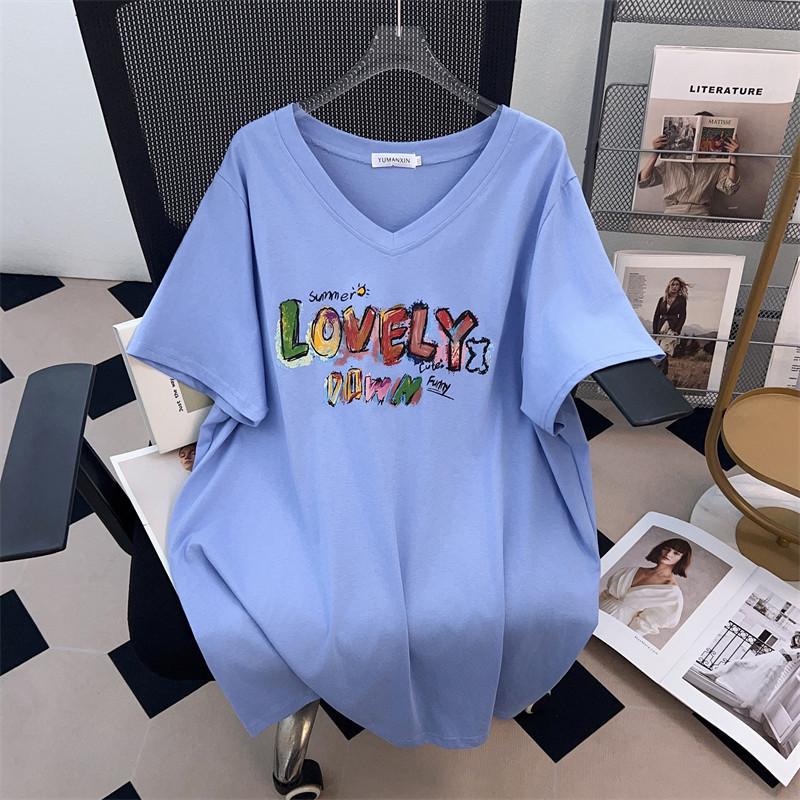 Plus Size V-Neck Slimming Mid-Length Loose T-Shirt for Women, Short-Sleeved, Covers Belly, Available In 200/300/350 Jin.