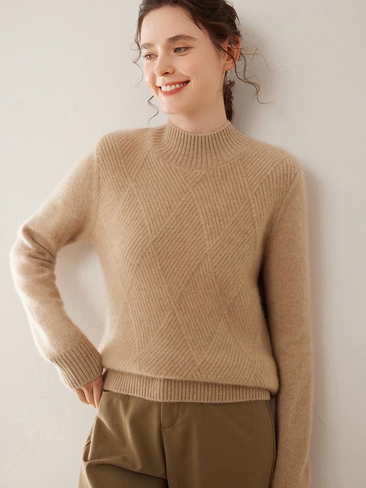 Women's Diamond Pattern Cashmere Knit Sweater: Half-High Collar, Long Sleeves, Loose Fit, Warm, Soft, Comfortable, Skin-Friendly.