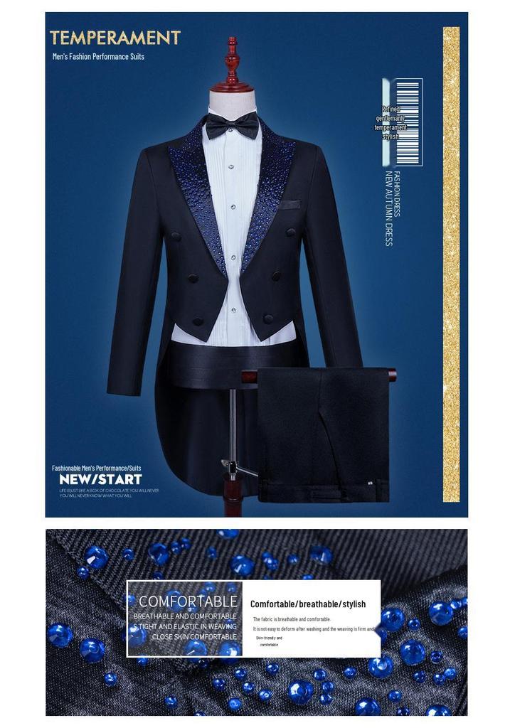 Men's Black and White Rhinestone Tailcoat for Magician, Singer, or Conductor - Formal Performance Wear