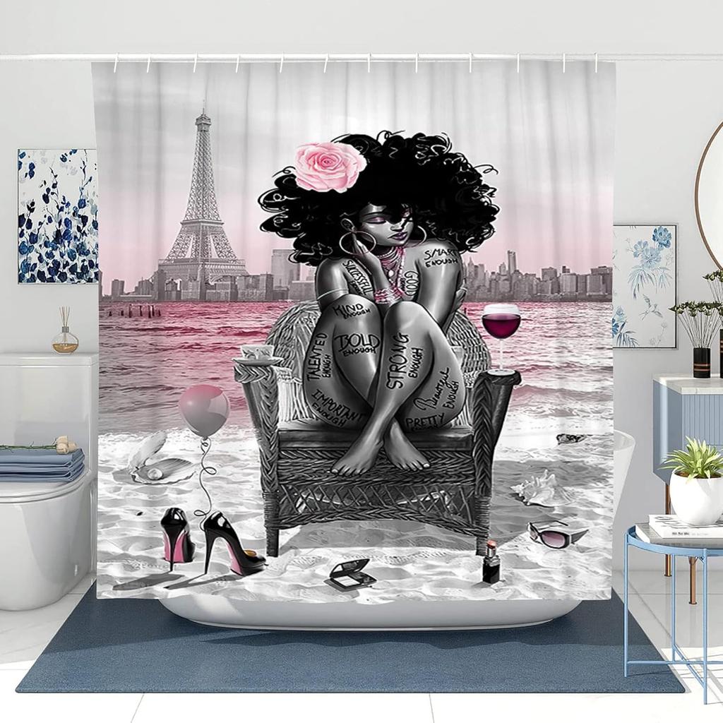 African American Girls Shower Curtain Waterproof Fabric Bathroom Decorative Shower Curtain Machine Washable with 12 Hooks
