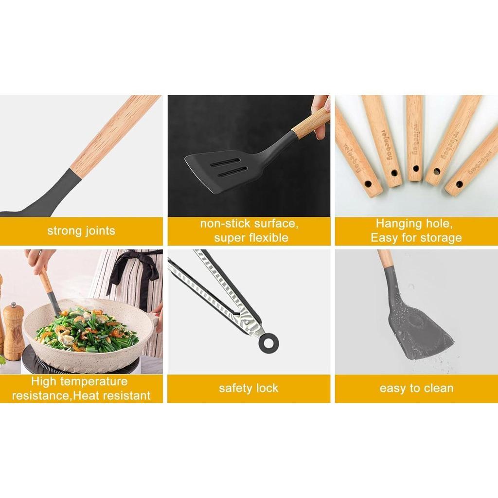 Cooking Utensils Kitchen Utensil Set, 12 PCS Wooden Handle Nontoxic BPA Free Silicone Spoon Spatula Turner Tongs Kitchen Gadgets Utensil Set