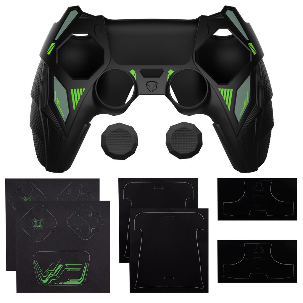 PlayVital PS5 Controller Silicone Mecha Rhino Shockproof Protective Easy Includes Thumb Grips and Compatible with Charging Black and Green Cover,