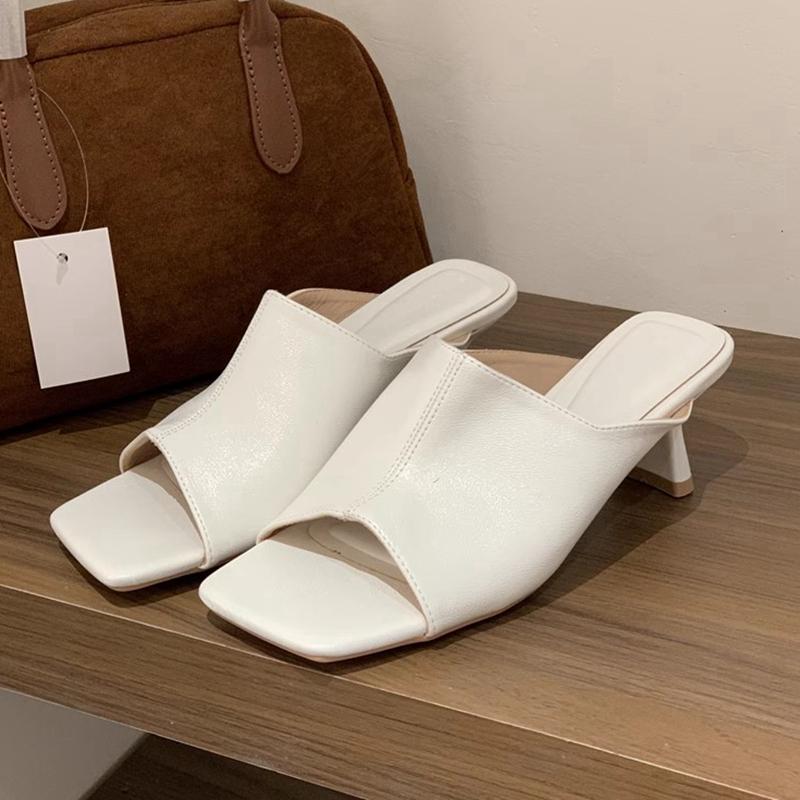 Fashion SUOJIALUN 2025 Summer New Brand Women Slipper Fashion Square Toe Slip On Slides Square High Heel Outdoor Dress Sandal Shoes