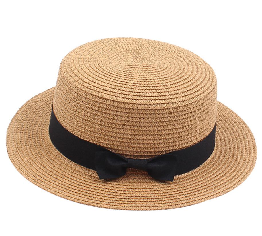 Women Fashion Straw Hat  Retro Bowknot Flat Top Hat Sunshade Beach Hat Summer