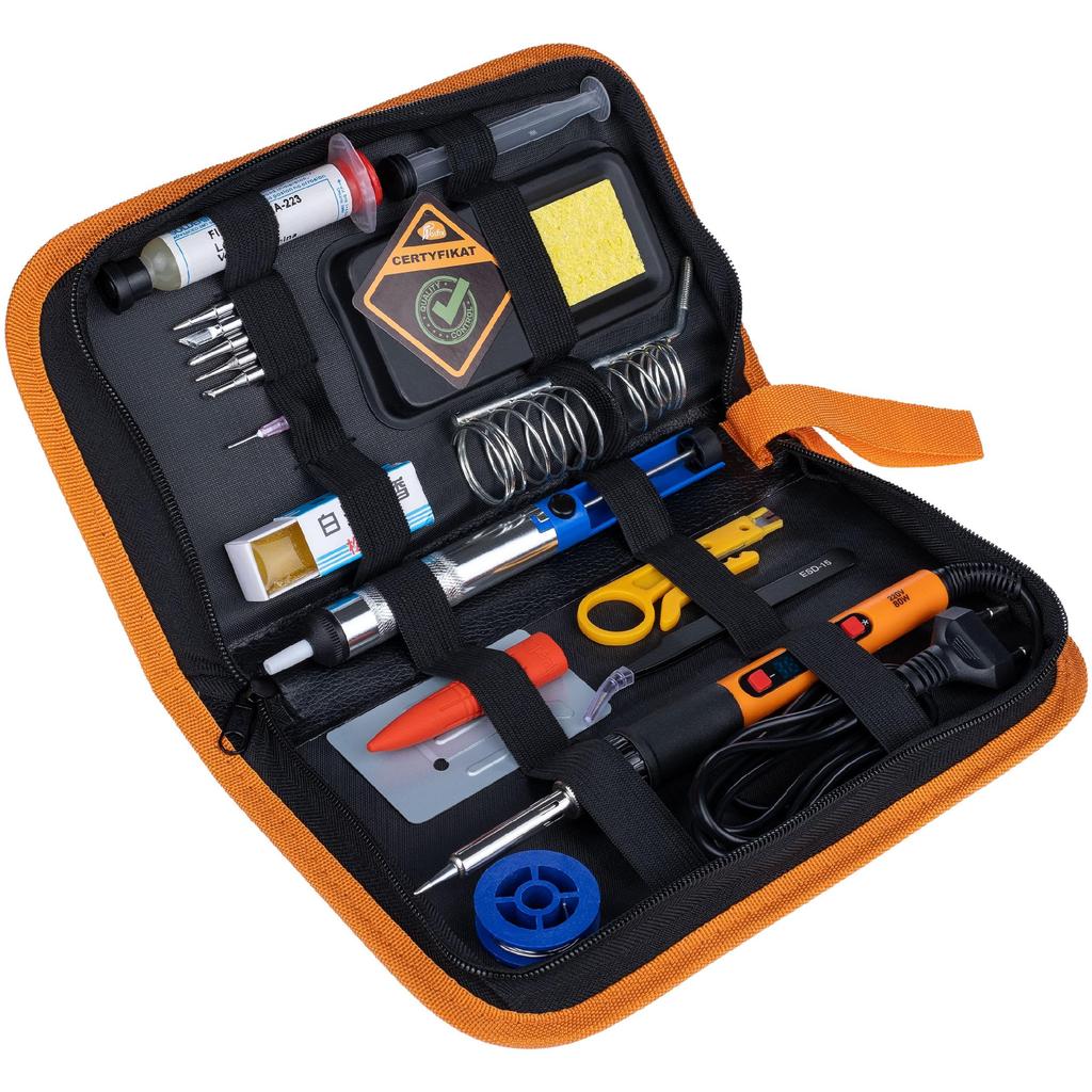 Rosfix Set Start 80W LCD 11w1 – Zestaw Lutowniczy z 6 Grotami i Odsysaczem | Zakres Temperatury 180–500°C | ESD | Organizer