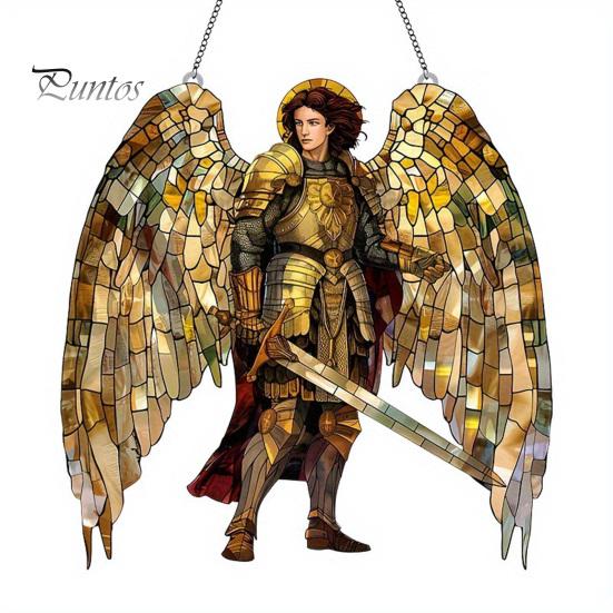 Religious Theme Room Decor Golden Archangel Warrior Acrylic Suncatcher, Faux Stained Glass Window Hanging Wing Armor Gift with Metal Chain,